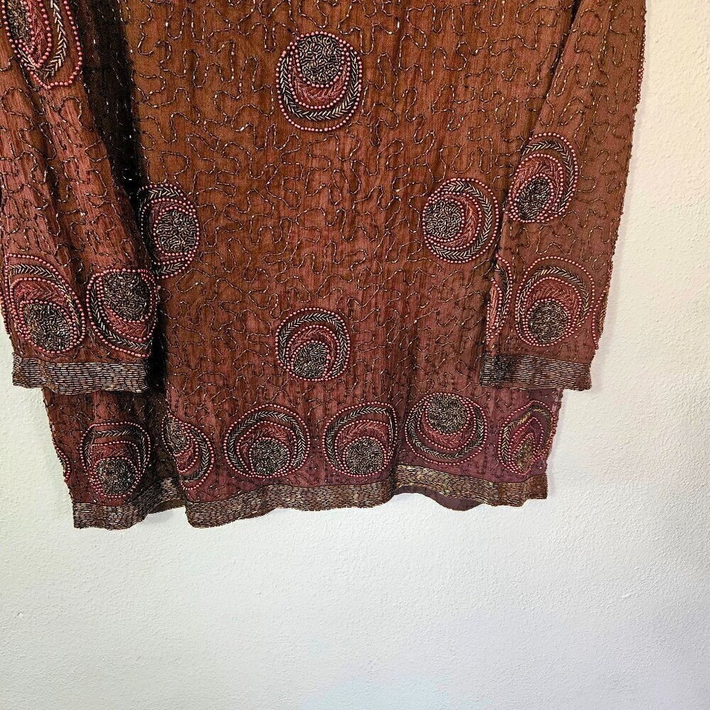 Vintage Women's Beaded Brown Jacket 100% Pure Silk Elegant Size 1X - Picture 6 of 8